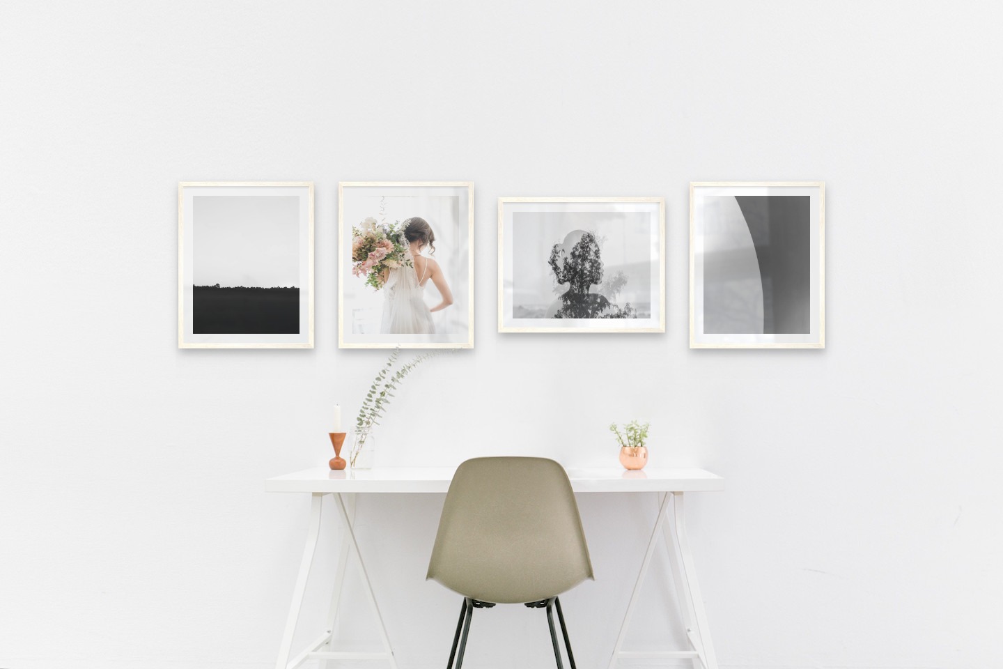 Gallery wall with picture frames in light wood in sizes 40x50 with prints "Sky above trees", "Bride and flowers", "Trees and silhouette" and "Line"