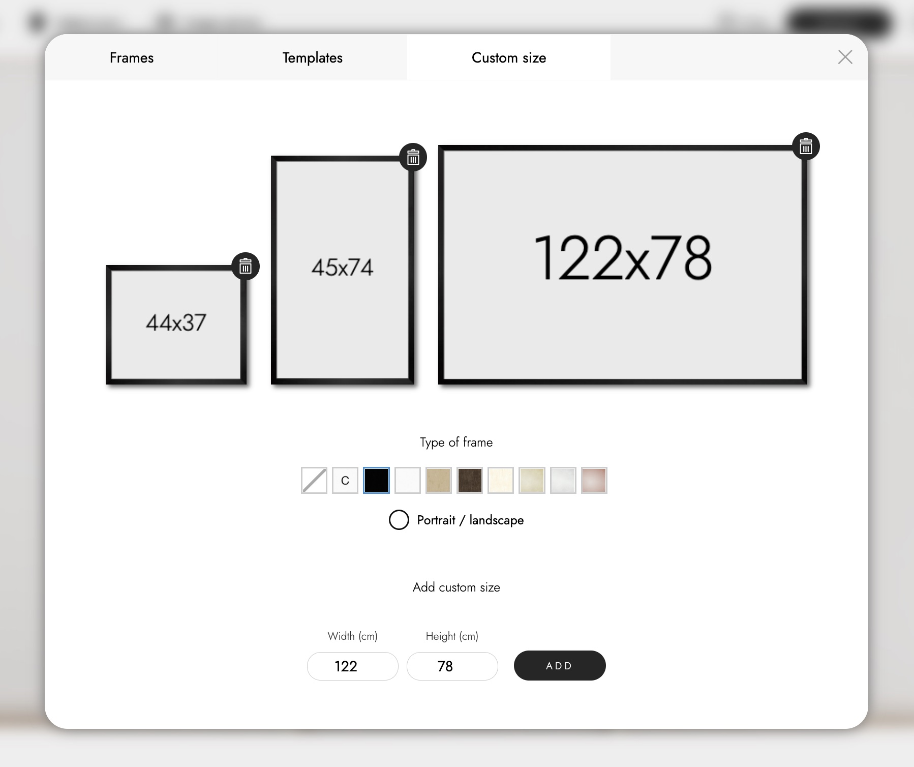 Image of the picture frame tool and the dialog for adding a picture frame in your own size