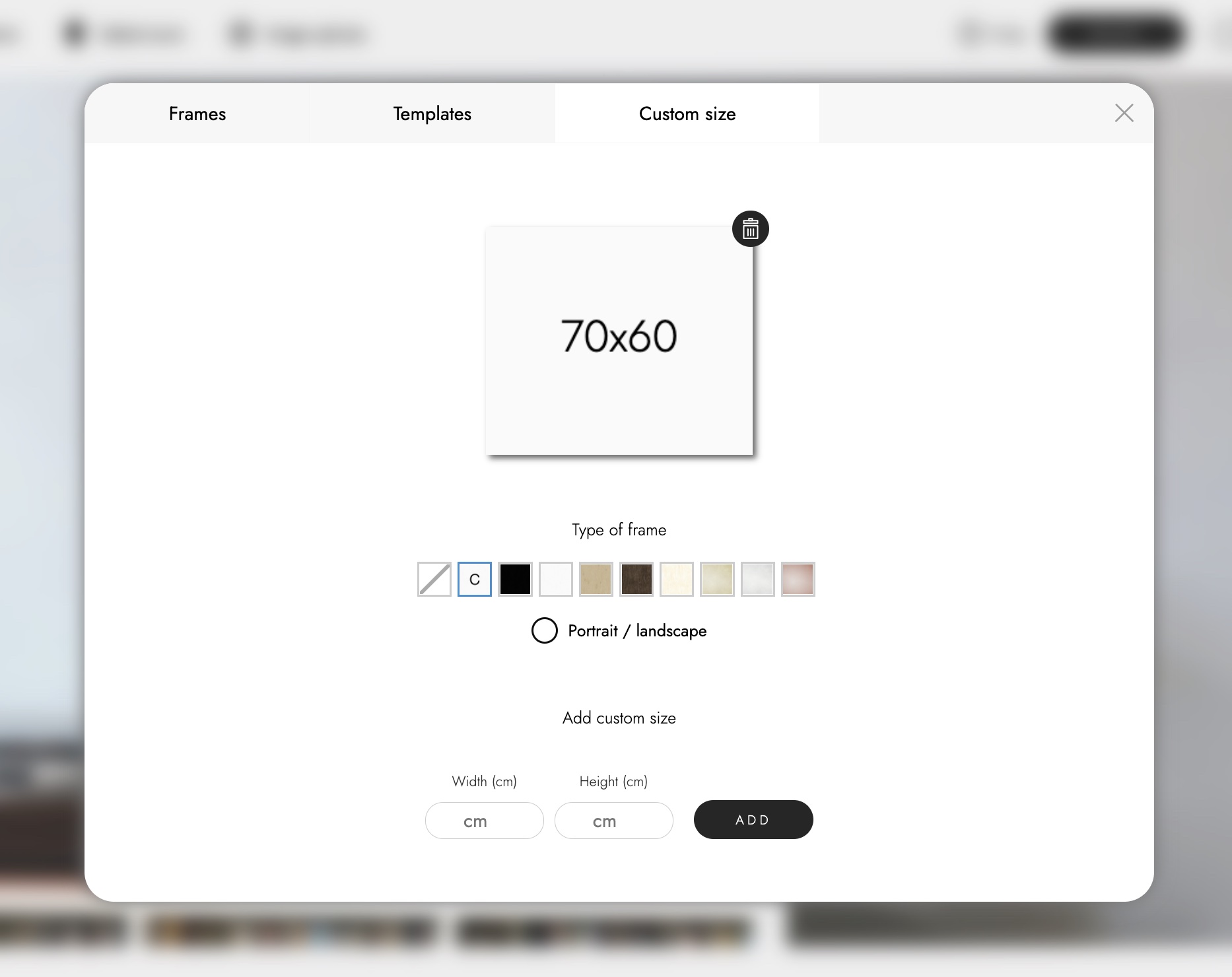 An image of the picture frame tool where you create a canvas frame in your own size