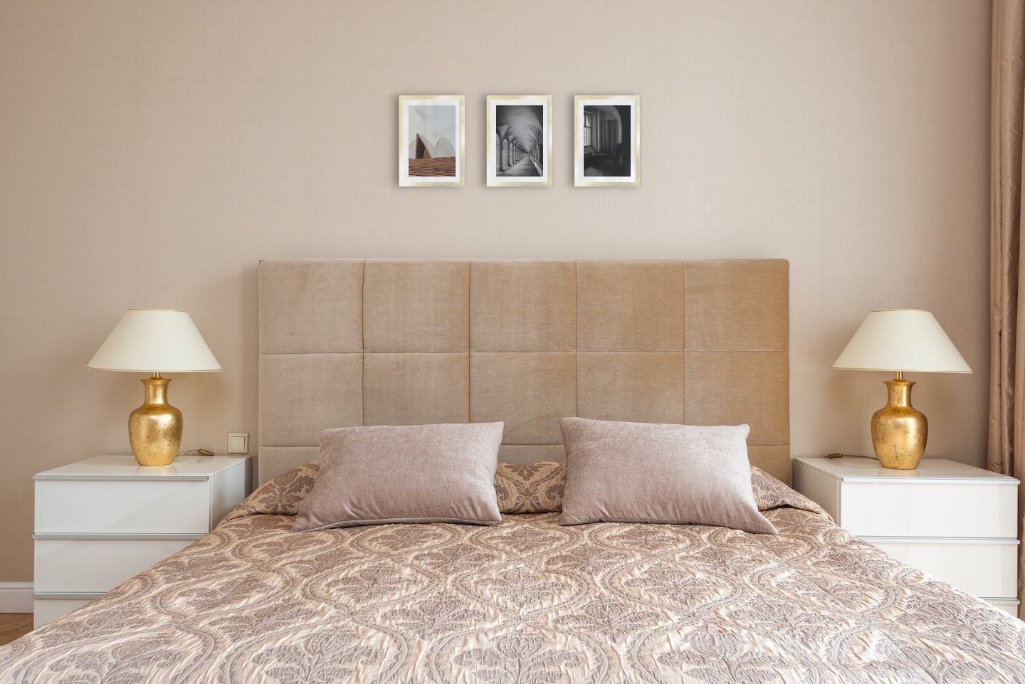Gallery wall with picture frames in gold in sizes 21x30 with prints "Sydney Opera House", "Hallway with pillars and arches" and "Chair in front of window"