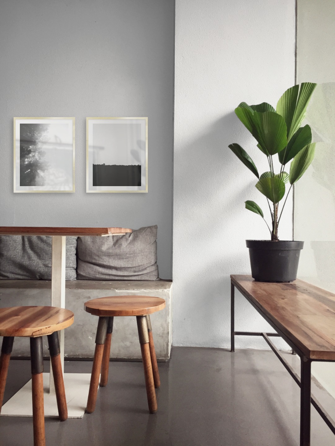 Gallery wall with picture frames in gold in sizes 40x50 with prints "Foggy wooden tops from the side" and "Sky above trees"