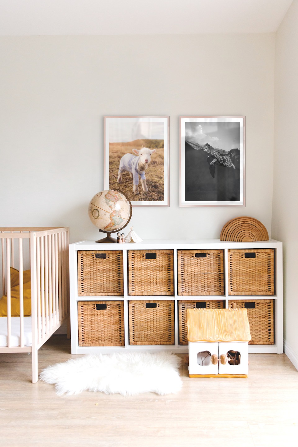Gallery wall with picture frames in copper in sizes 50x70 with prints "Lamb" and "Turtle"
