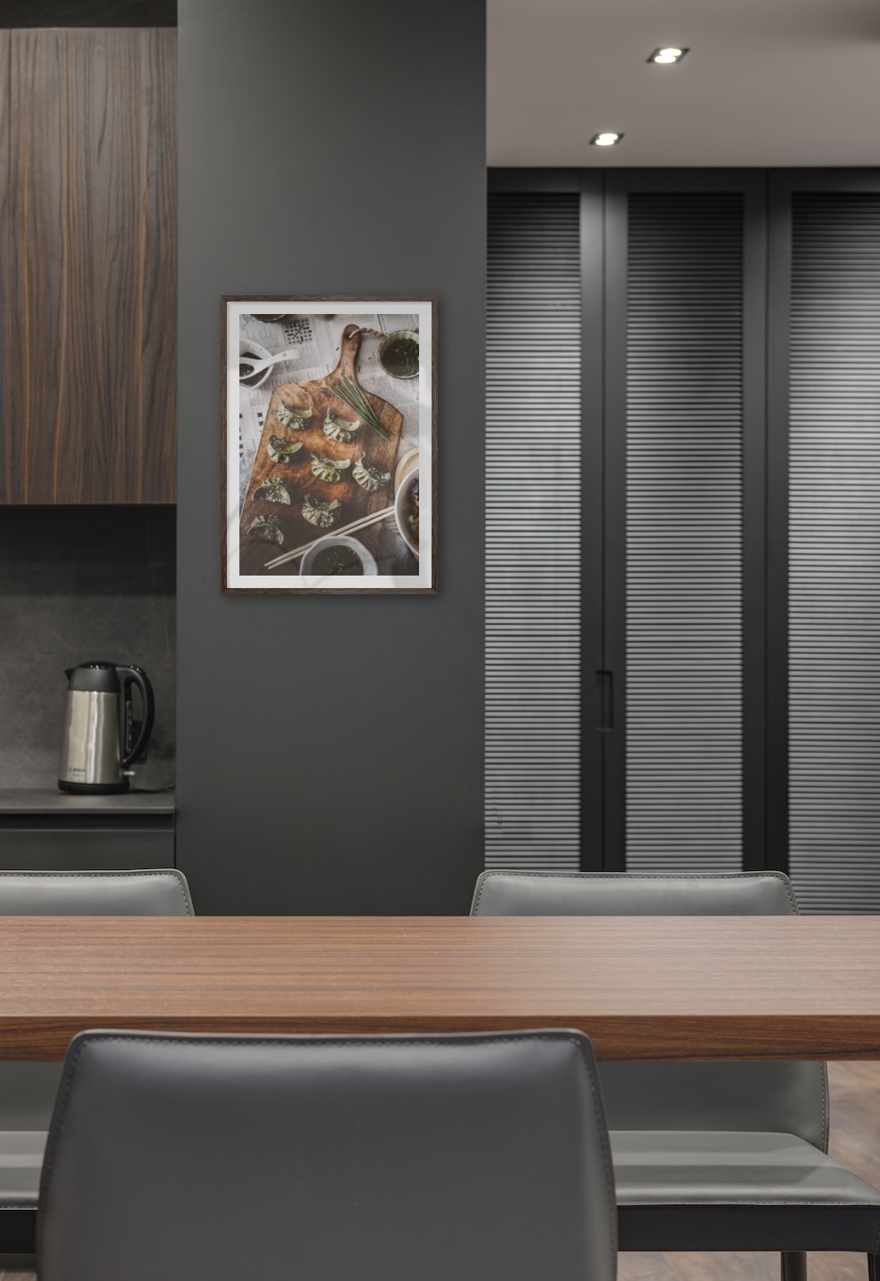 Gallery wall with picture frame in dark wood in size 50x70 with print "Dumplings"