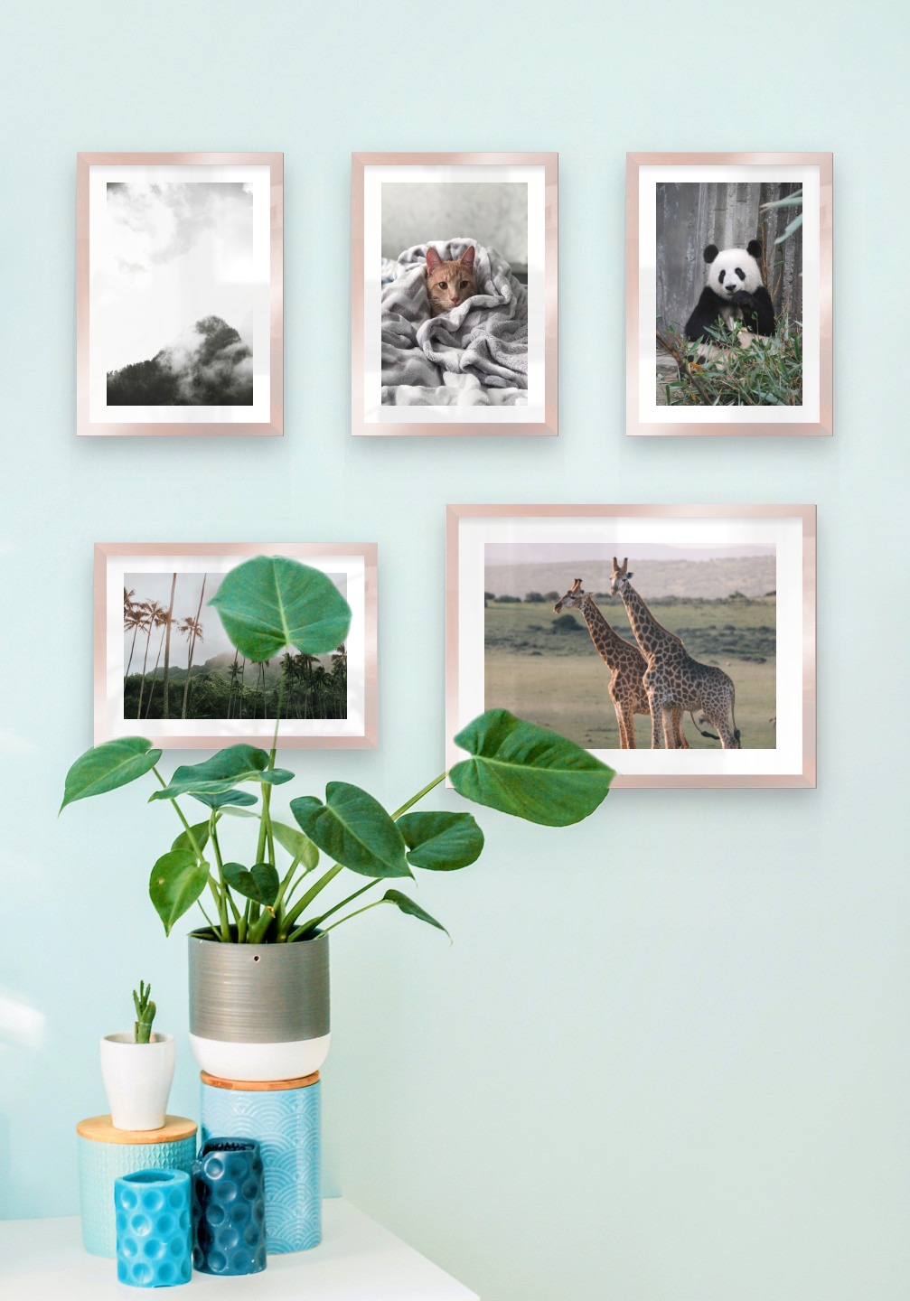 Gallery wall with picture frames in copper in sizes 21x30 and 30x40 with prints "Trees and mountains in fog", "Cat in felt", "Panda", "Palm trees and mountains" and "Two giraffes"