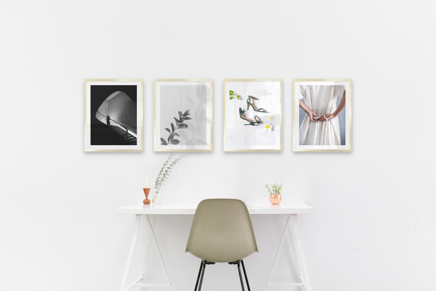 Gallery wall with picture frames in gold in sizes 40x50 with prints "Staircase", "Twig", "Heels" and "Dress with waistband"
