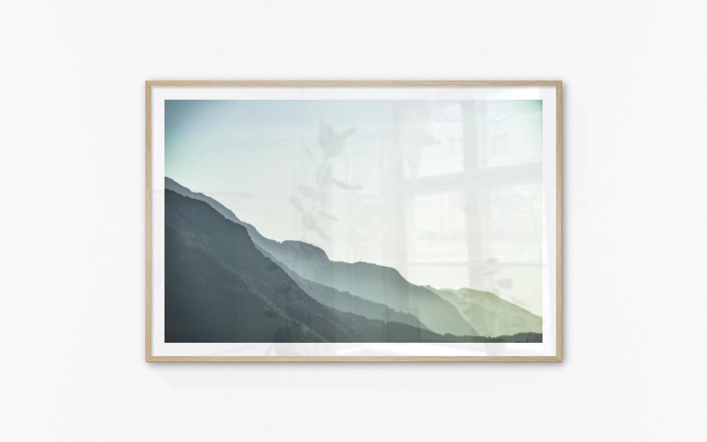Gallery wall with picture frame in wood in size 100x150 with print "Foggy mountain"