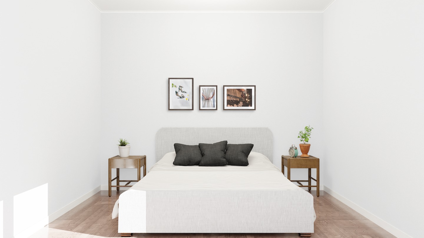 Gallery wall with picture frames in dark wood in sizes 30x40 and 21x30 with prints "Heels", "Dress with waistband" and "Clothes hangers"