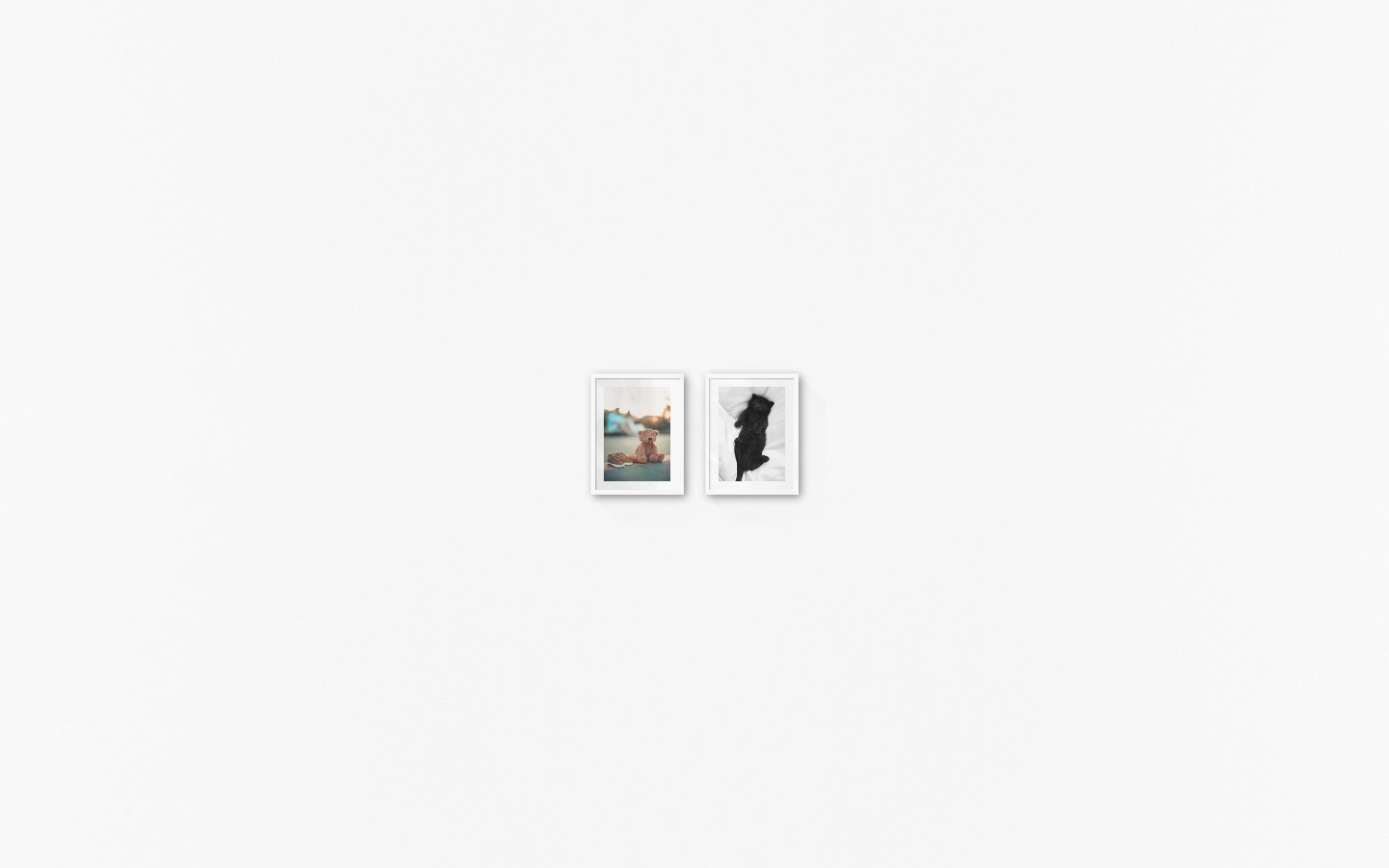 Gallery wall with picture frames in white in sizes 30x40 with prints "Teddy bear on the street" and "Cat in bed"