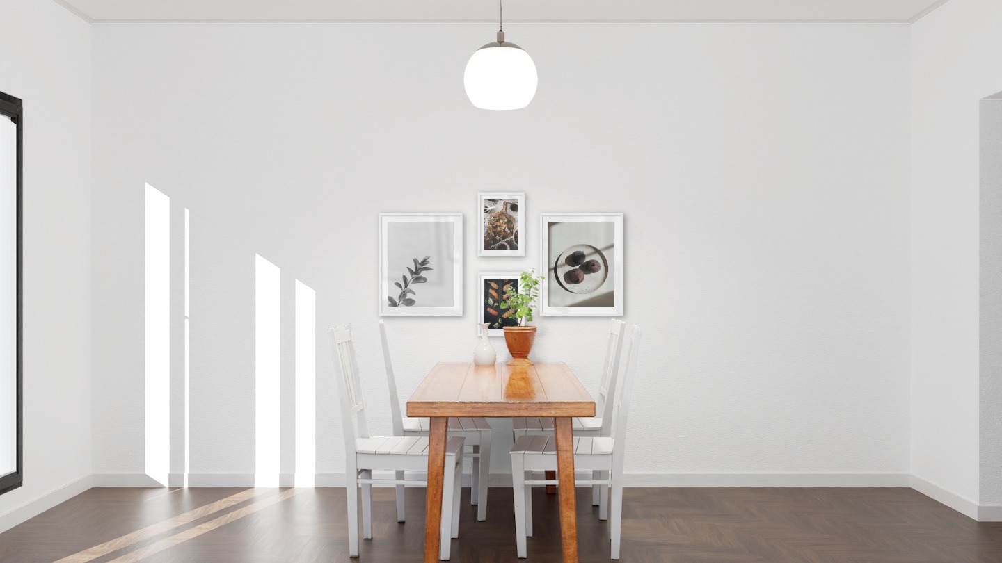 Gallery wall with picture frames in white in sizes 40x50 and 21x30 with prints "Twig", "Sushi", "Dumplings" and "Fruit on plate"