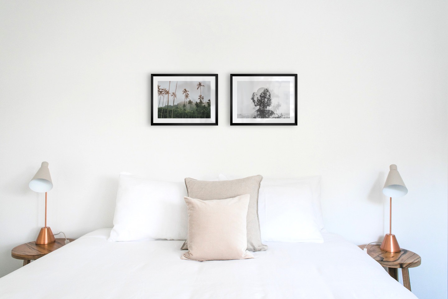 Gallery wall with picture frames in black in sizes 30x40 with prints "Palm trees and mountains" and "Trees and silhouette"