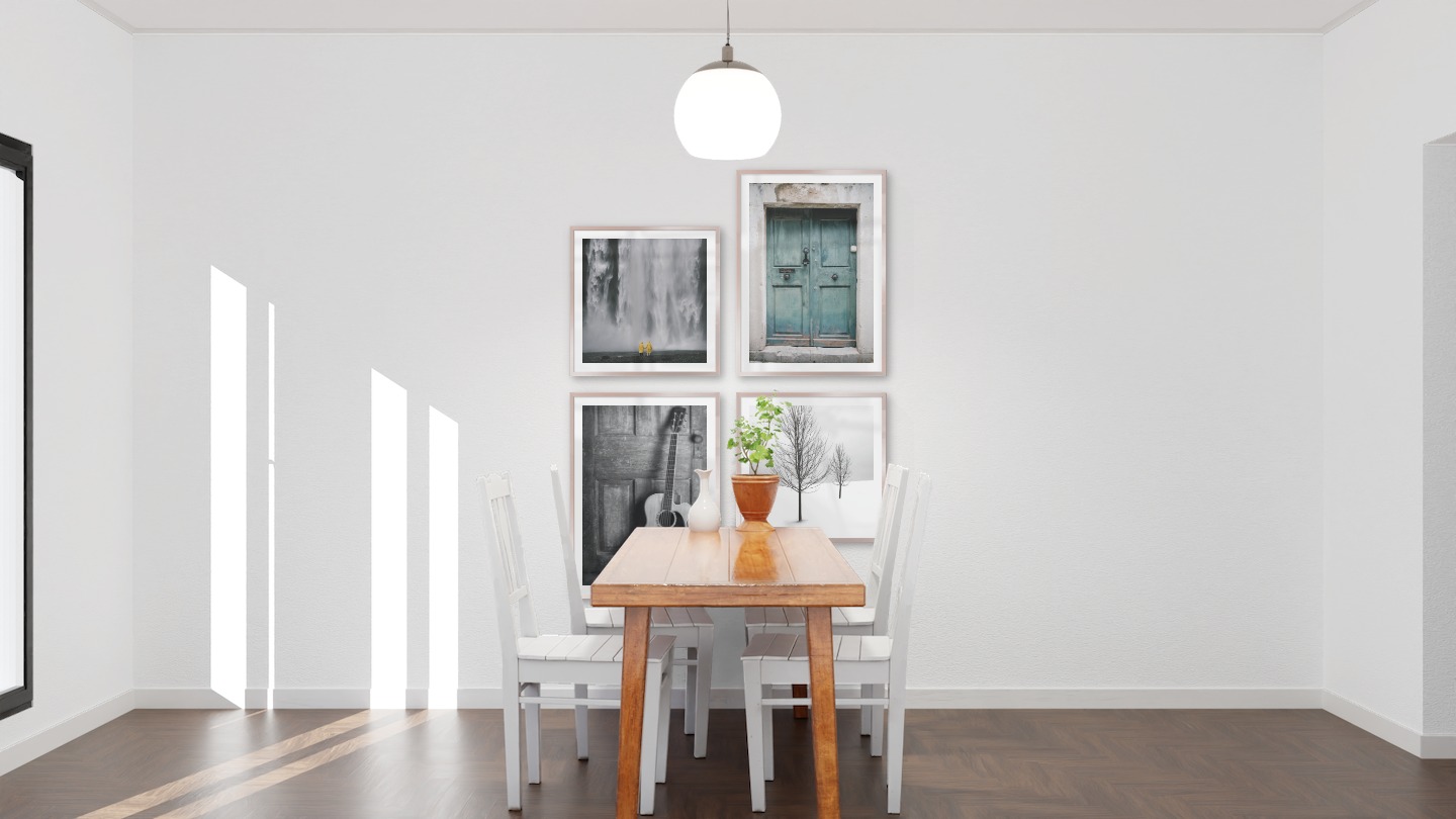Gallery wall with picture frames in copper in sizes 50x50 and 50x70 with prints "Waterfall with people", "Door", "Guitar" and "Trees in the snow"