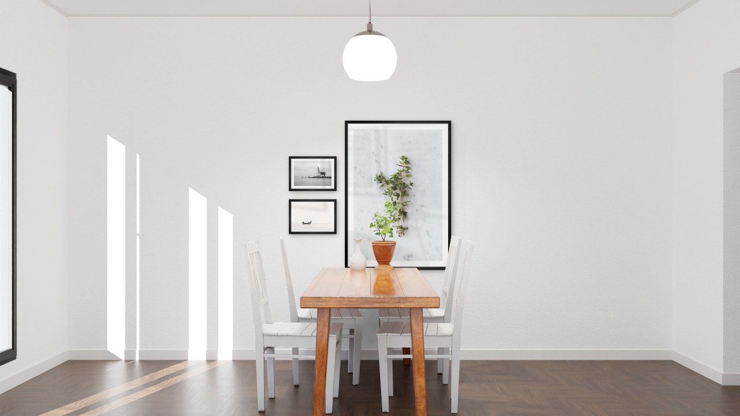 Gallery wall with picture frames in black in sizes 21x30 and 70x100 with prints "Pier with building", "People in boat" and "Herbs"