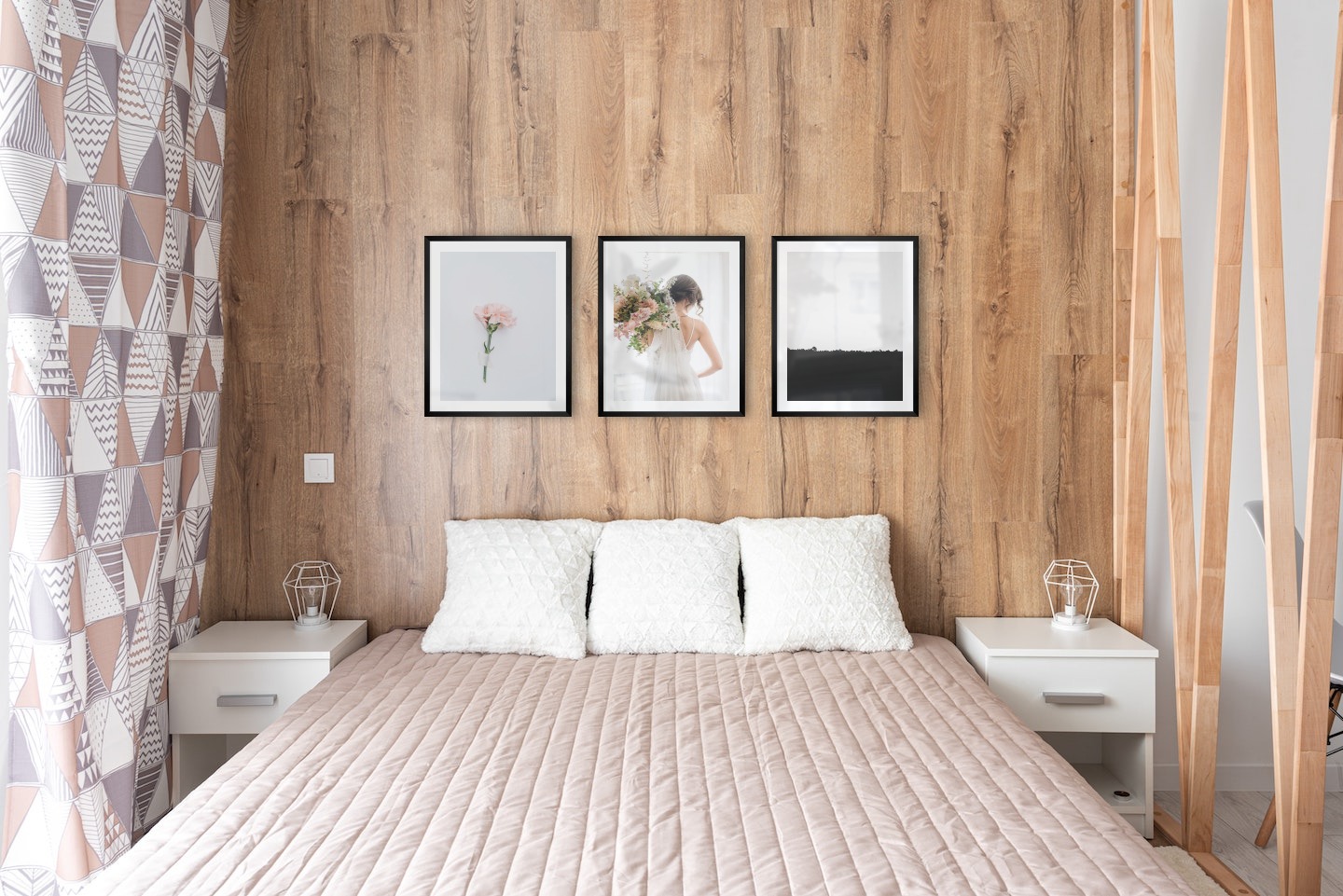 Gallery wall with picture frames in black in sizes 40x50 with prints "Pink flower", "Bride and flowers" and "Sky above trees"
