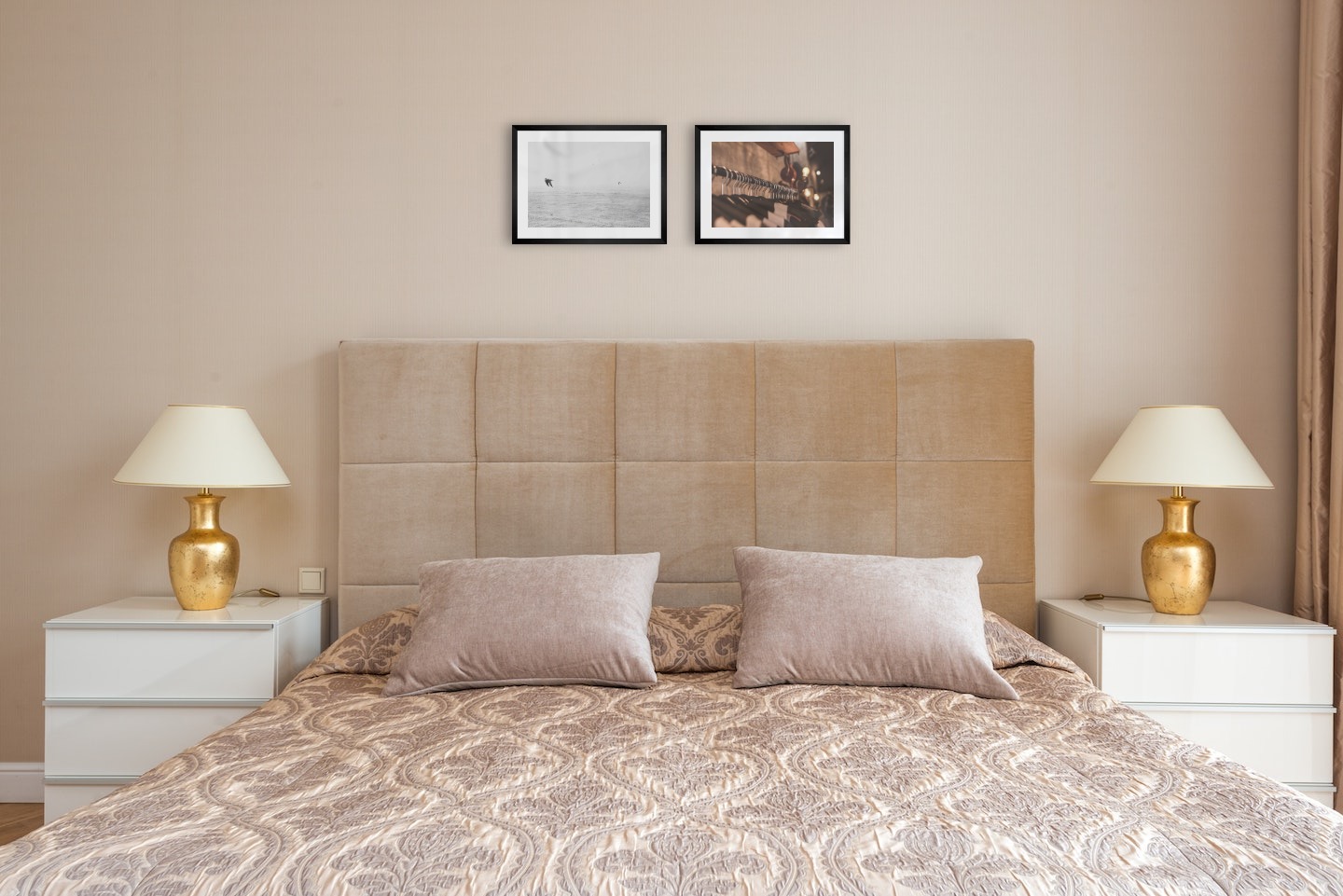 Gallery wall with picture frames in black in sizes 30x40 with prints "Birds over the sea" and "Clothes hangers"