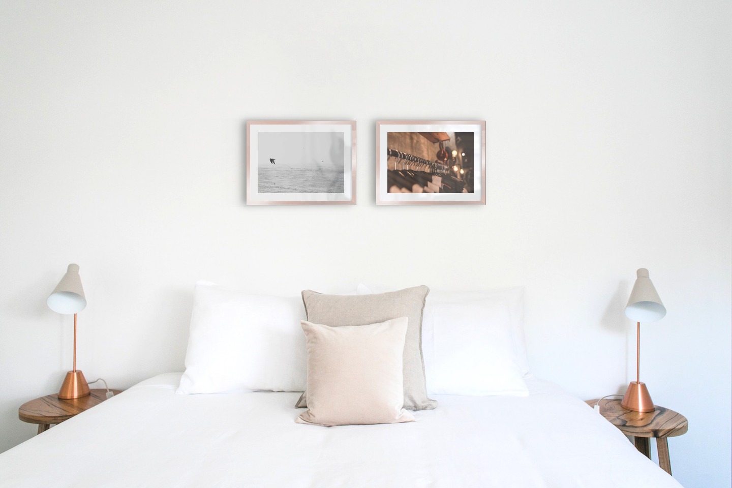 Gallery wall with picture frames in copper in sizes 30x40 with prints "Birds over the sea" and "Clothes hangers"
