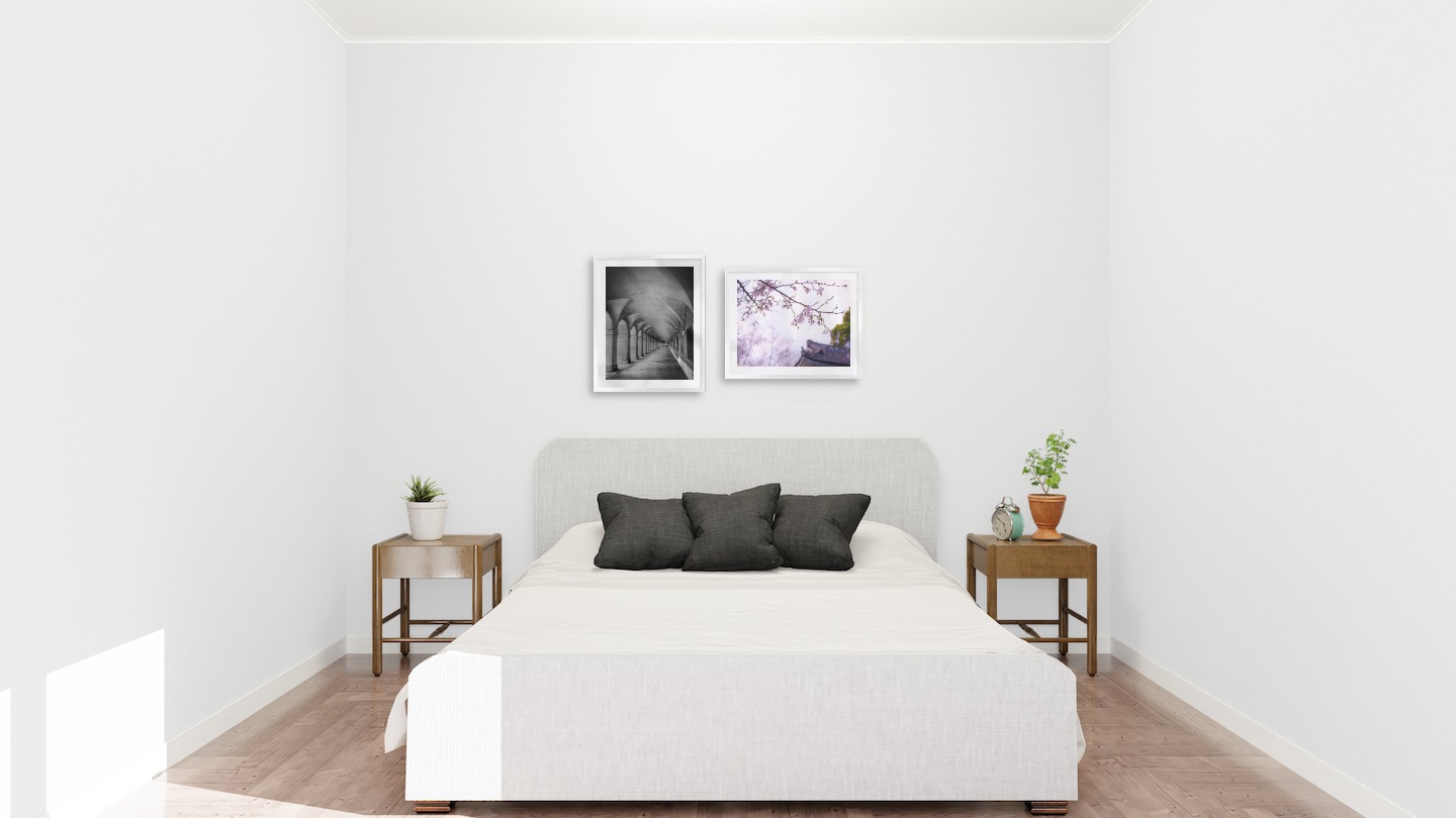 Gallery wall with picture frames in silver in sizes 40x50 with prints "Hallway with pillars and arches" and "Flowers in Tokyo"