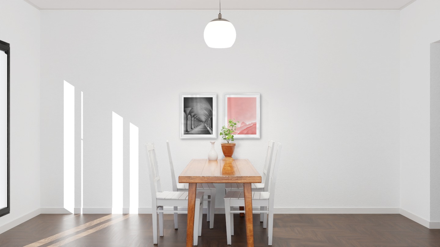 Gallery wall with picture frames in silver in sizes 40x50 with prints "Hallway with pillars and arches" and "Pink sky"