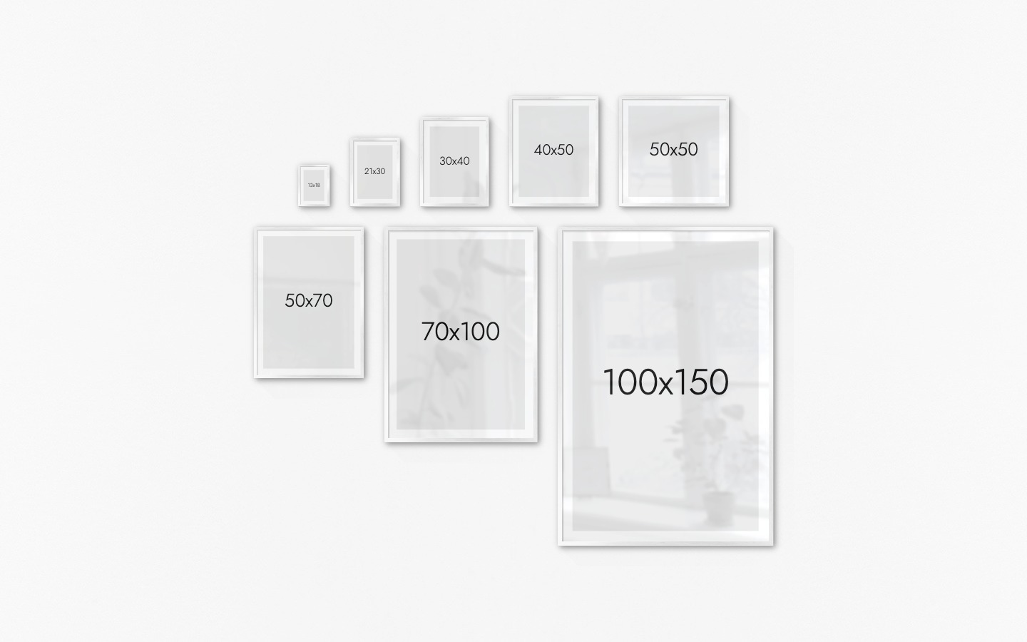 Gallery wall with picture frames in silver in sizes 13x18, 21x30, 30x40, 40x50, 50x50, 50x70, 70x100 and 100x150