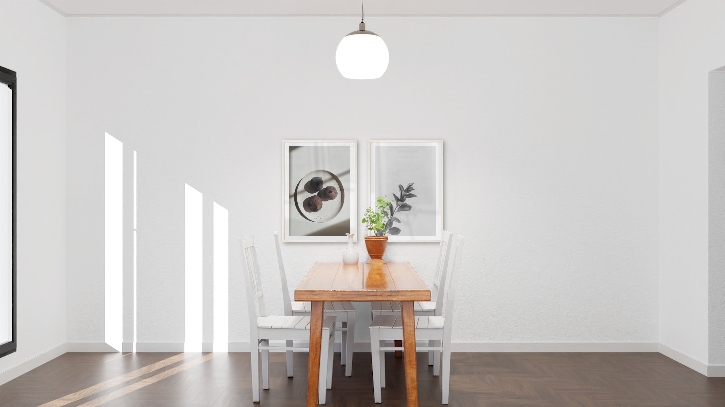 Gallery wall with picture frames in light wood in sizes 50x70 with prints "Fruit on plate" and "Twig"