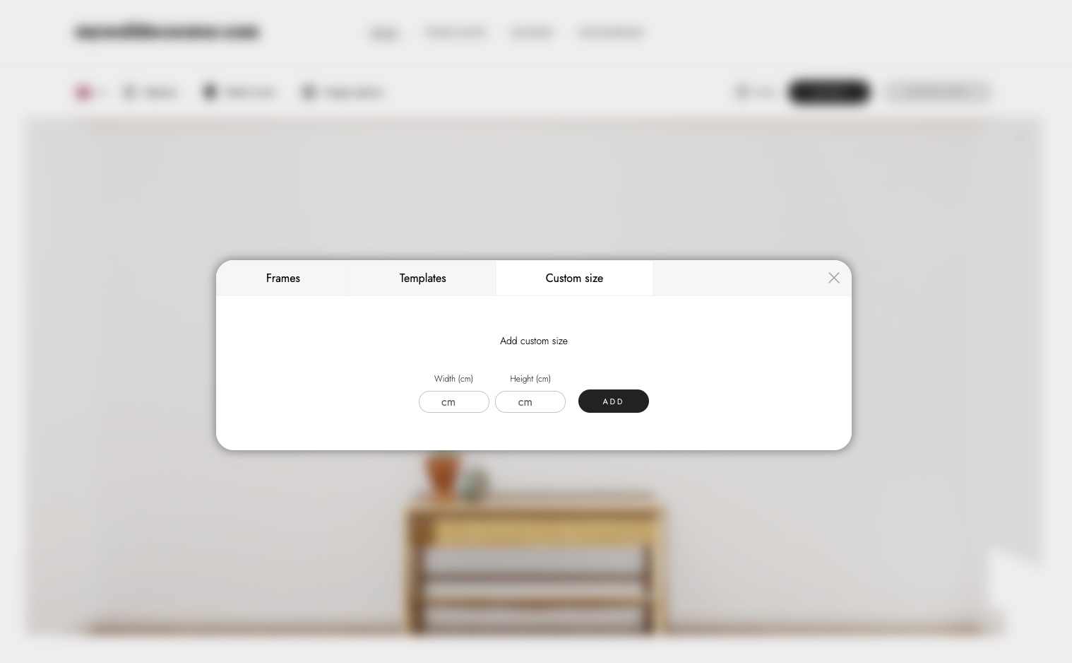 The frame select with the tab "Custom size"