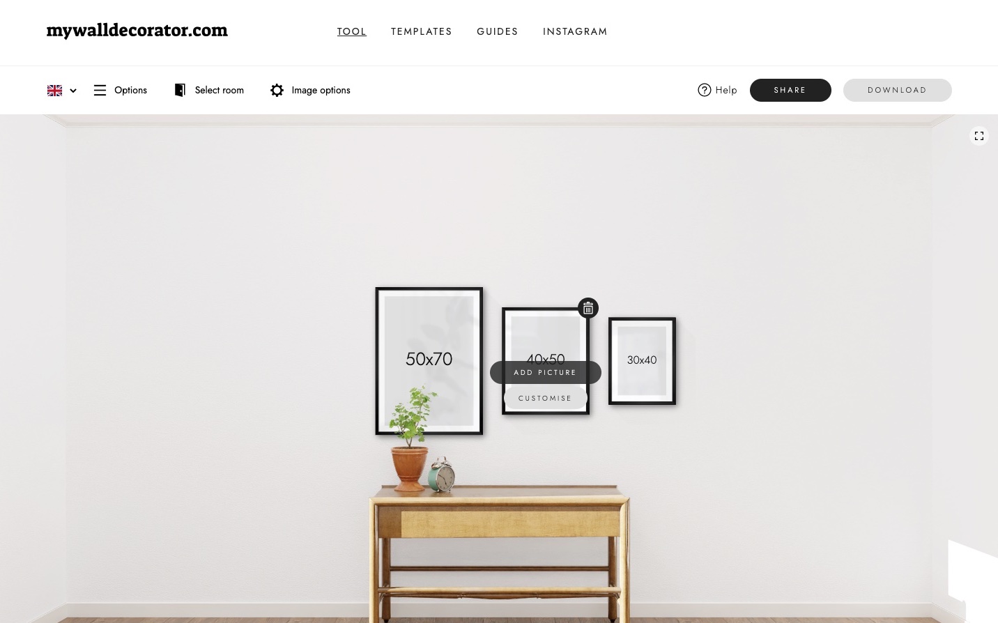 Menus above a frame where you can choose to add a picture