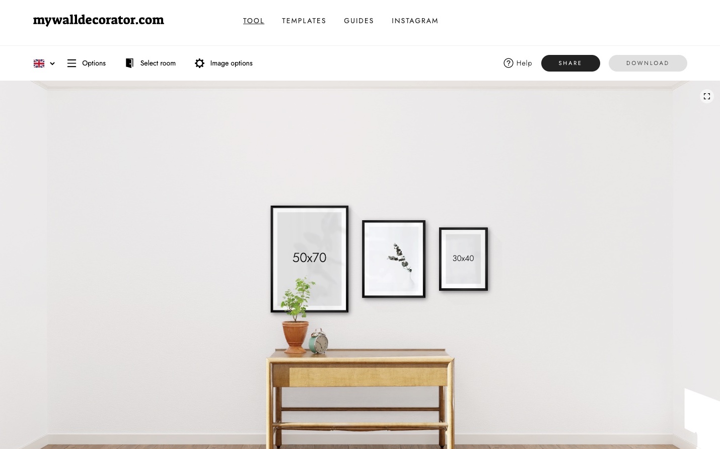 A gallery wall with three picture frames where one has a picture