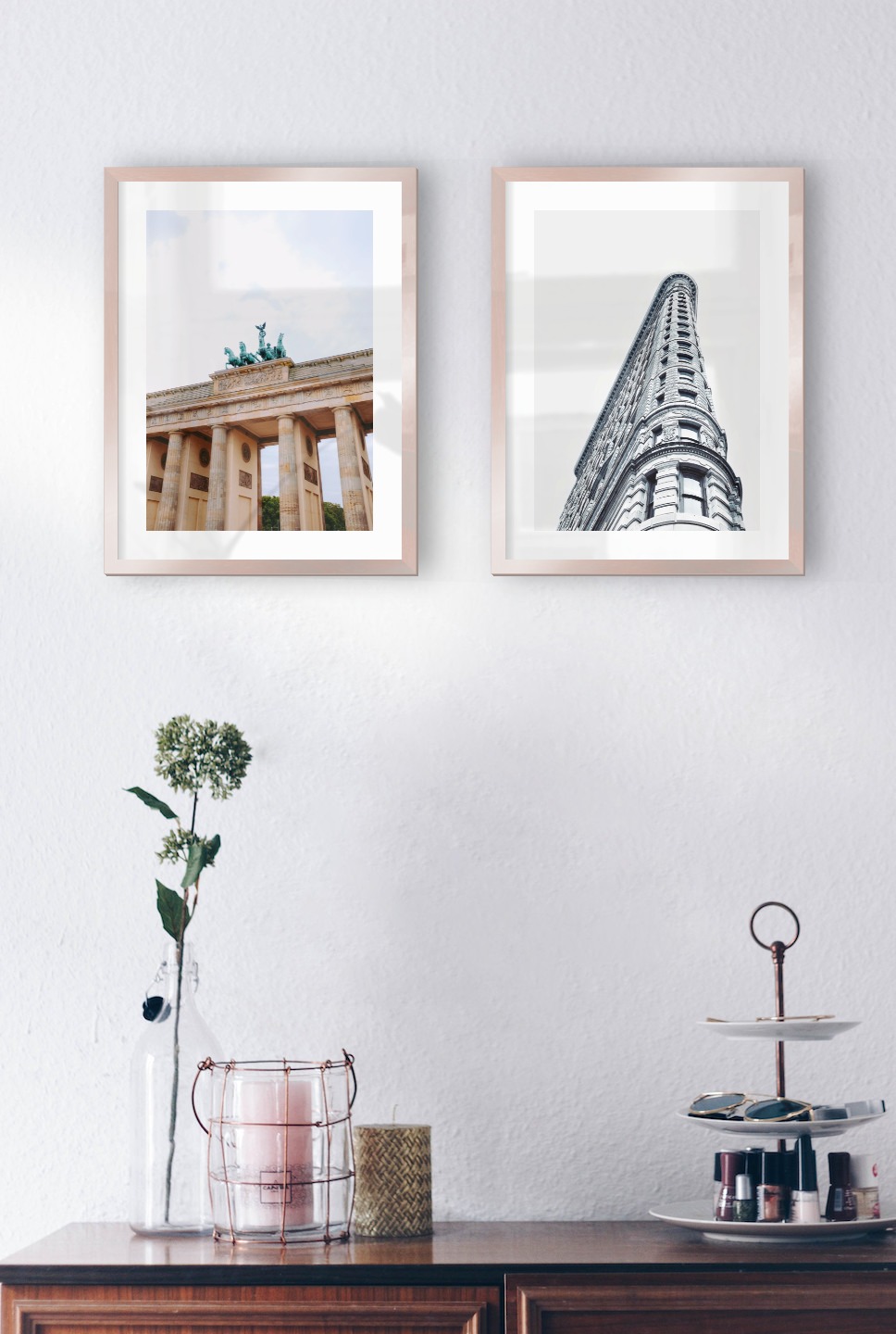 Gallery wall with picture frames in copper in sizes 30x40 with prints "Berlin" and "Gray building"