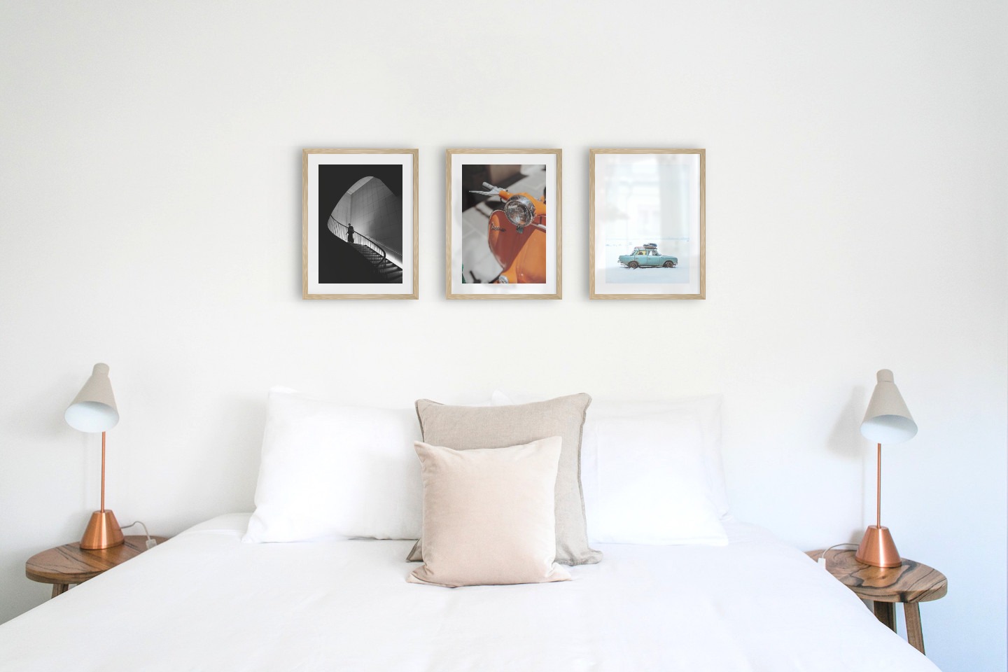 Gallery wall with picture frames in wood in sizes 30x40 with prints "Staircase", "Orange vespa" and "Car in snow"