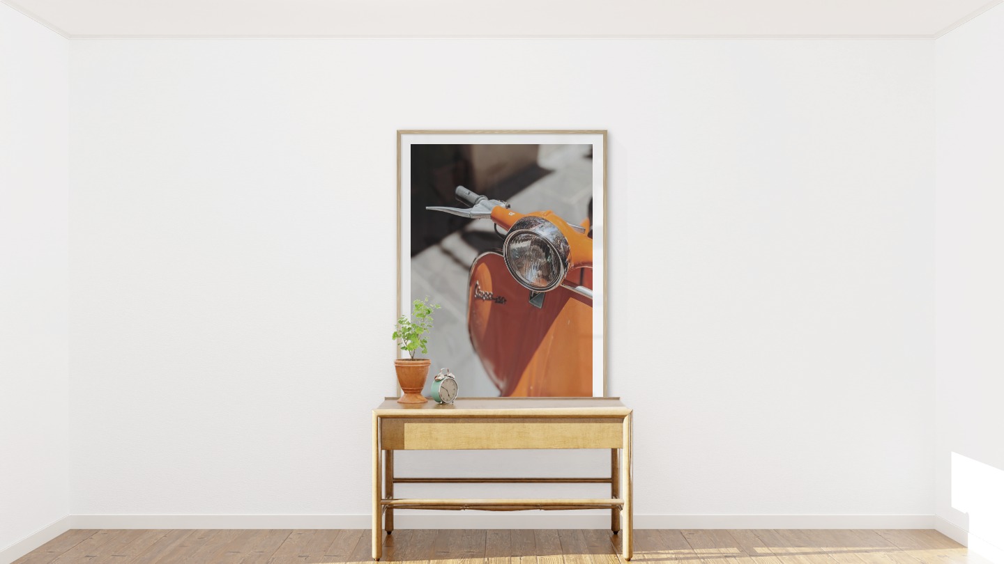 Gallery wall with picture frame in wood in size 100x150 with print "Orange vespa"