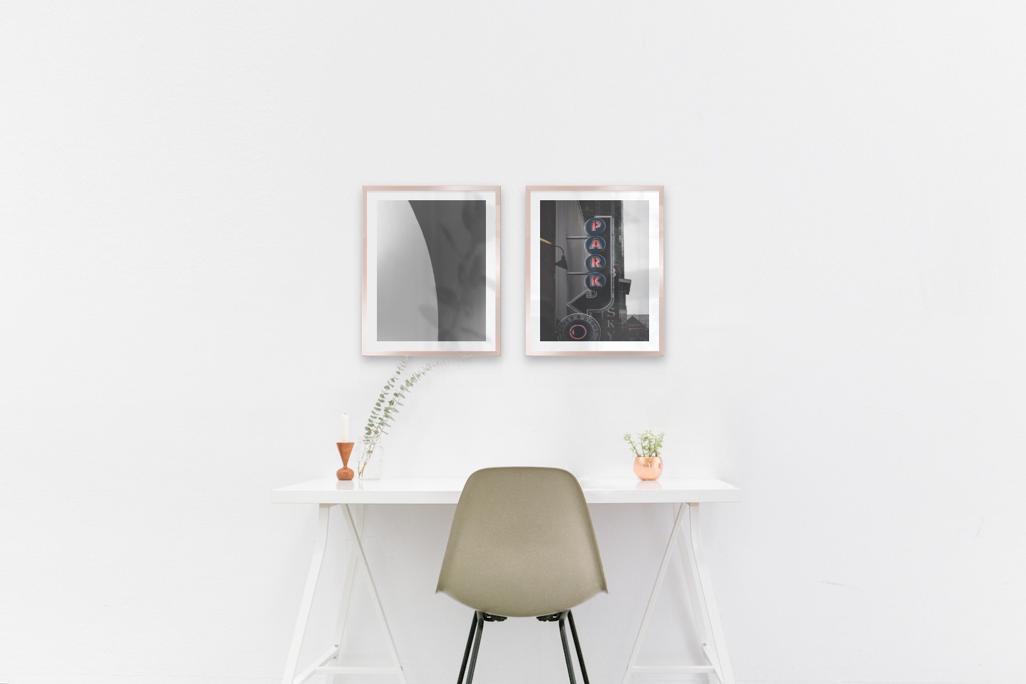 Gallery wall with picture frames in copper in sizes 40x50 with prints "Line" and "Sign "Park""