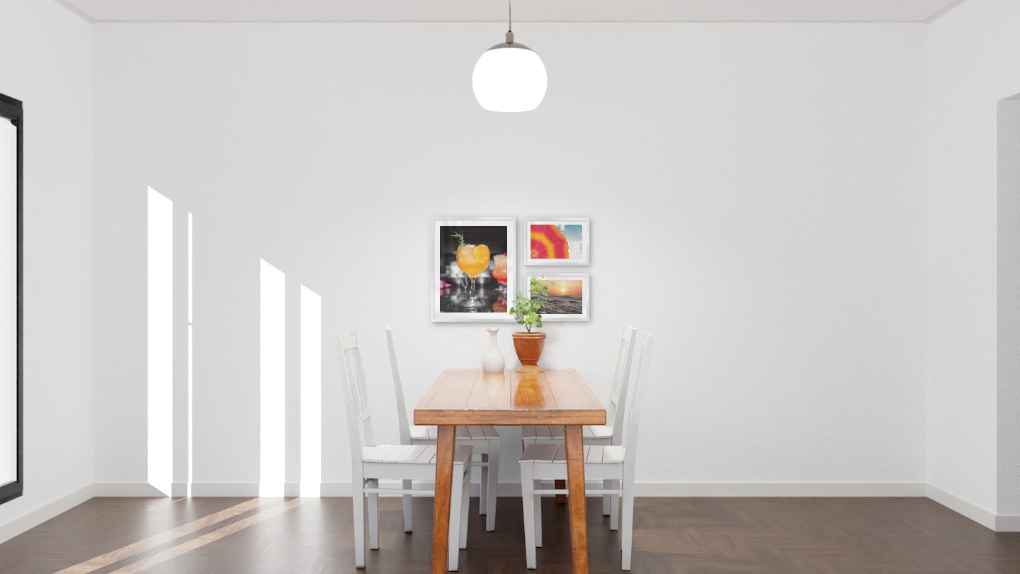 Gallery wall with picture frames in silver in sizes 40x50 and 21x30 with prints "High orange drink", "Parasol and sky" and "Waves and the sun"