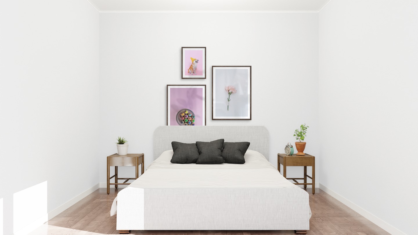 Gallery wall with picture frames in dark wood in sizes 30x40 and 50x70 with prints "Dog with yellow hat", "Canned pens" and "Pink flower"
