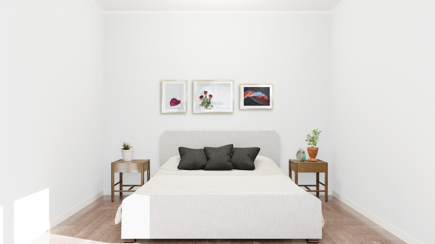 Gallery wall with picture frames in gold in sizes 30x40 and 40x50 with prints "Red flower", "Red roses" and "Red rock formations"