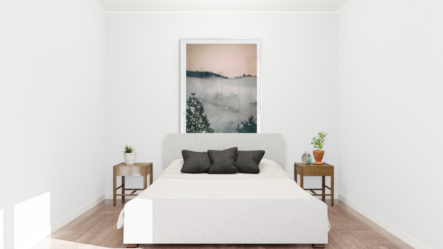 Gallery wall with picture frame in silver in size 100x150 with print "Wooden tops and orange sky"