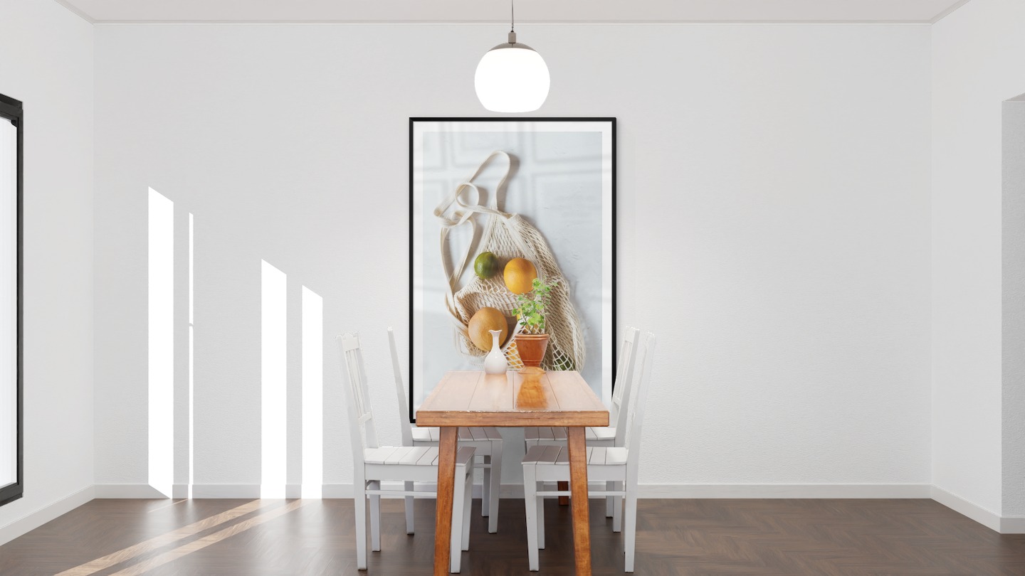 Gallery wall with picture frame in black in size 100x150 with print "Fruit in a bag"