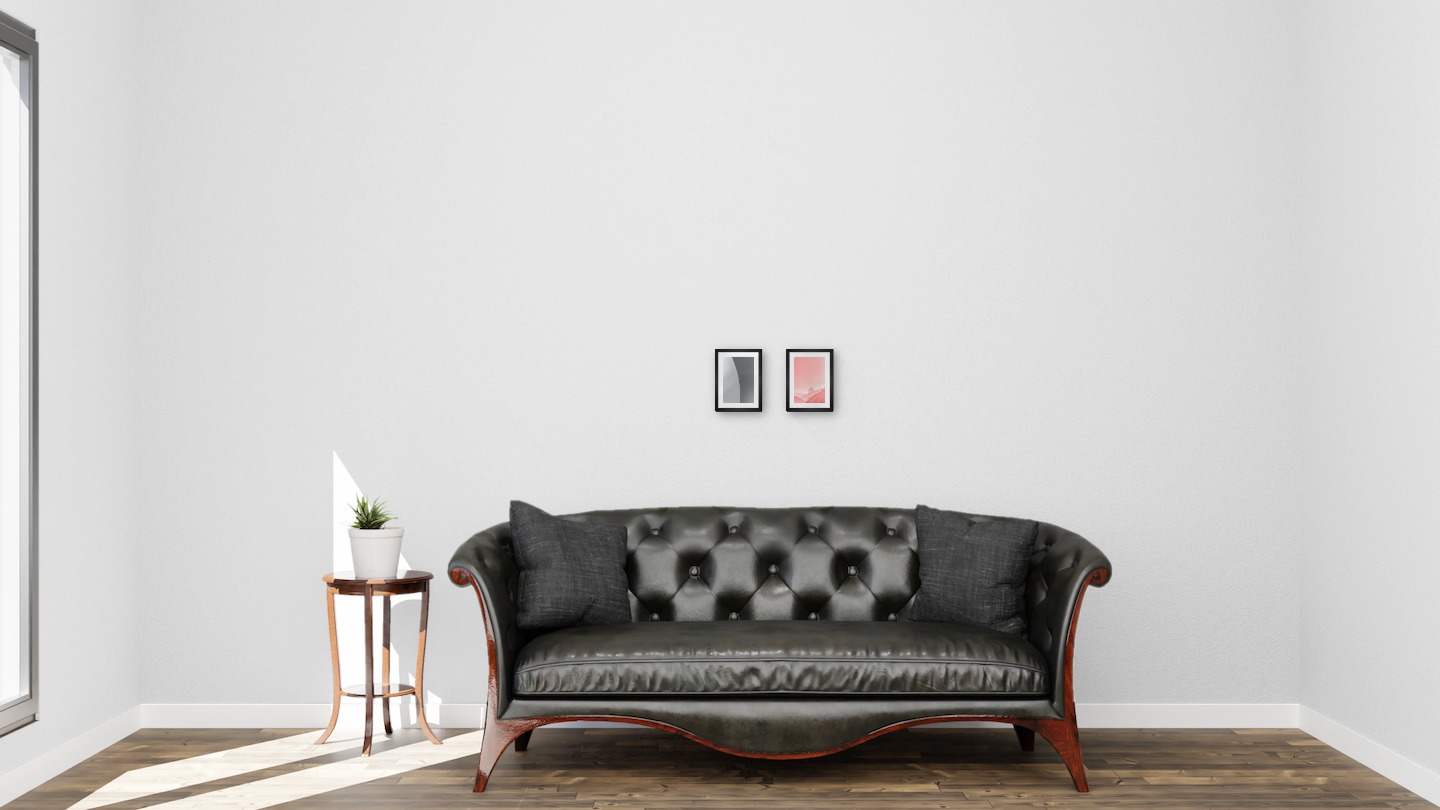 Gallery wall with picture frames in black in sizes 13x18 with prints "Line" and "Pink sky"