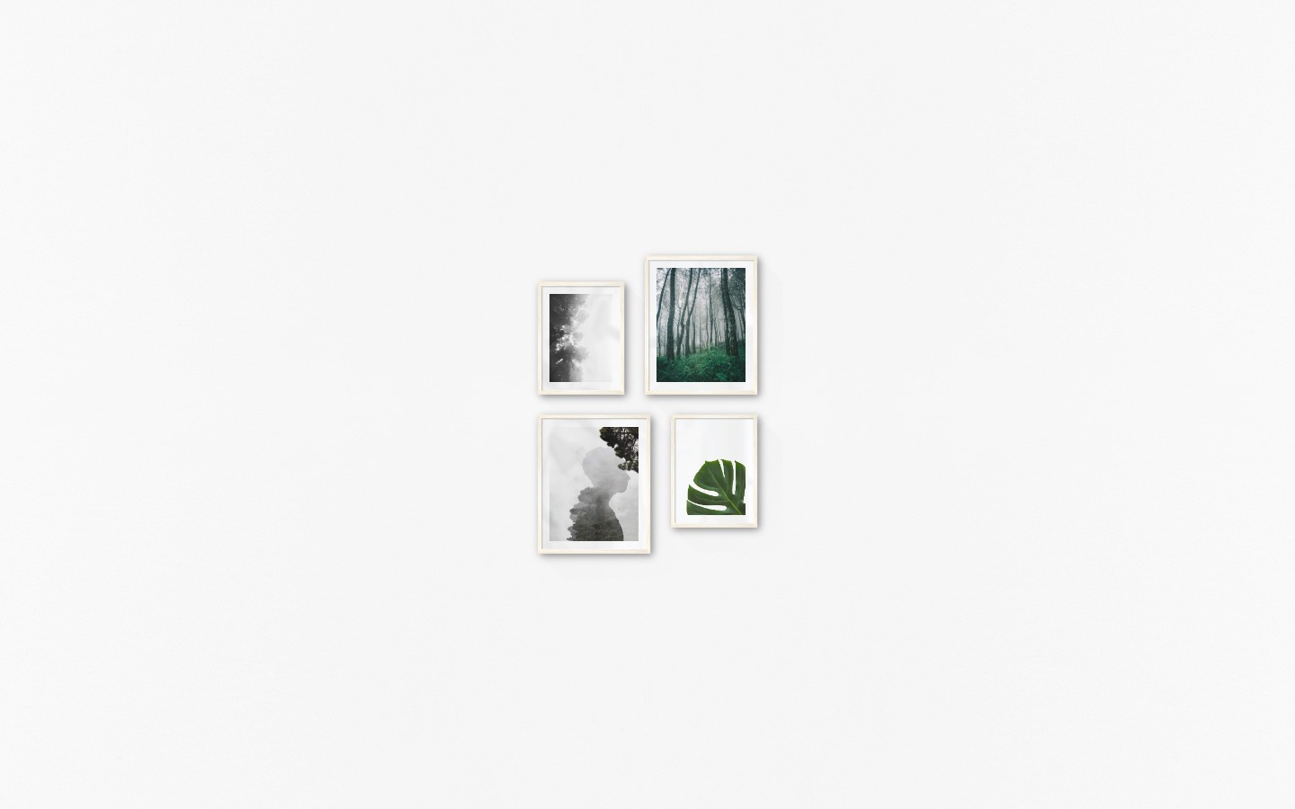 Gallery wall with picture frames in light wood in sizes 30x40 and 40x50 with prints "Foggy wooden tops from the side", "Tall trees", "Silhouette and tree" and "Plant"