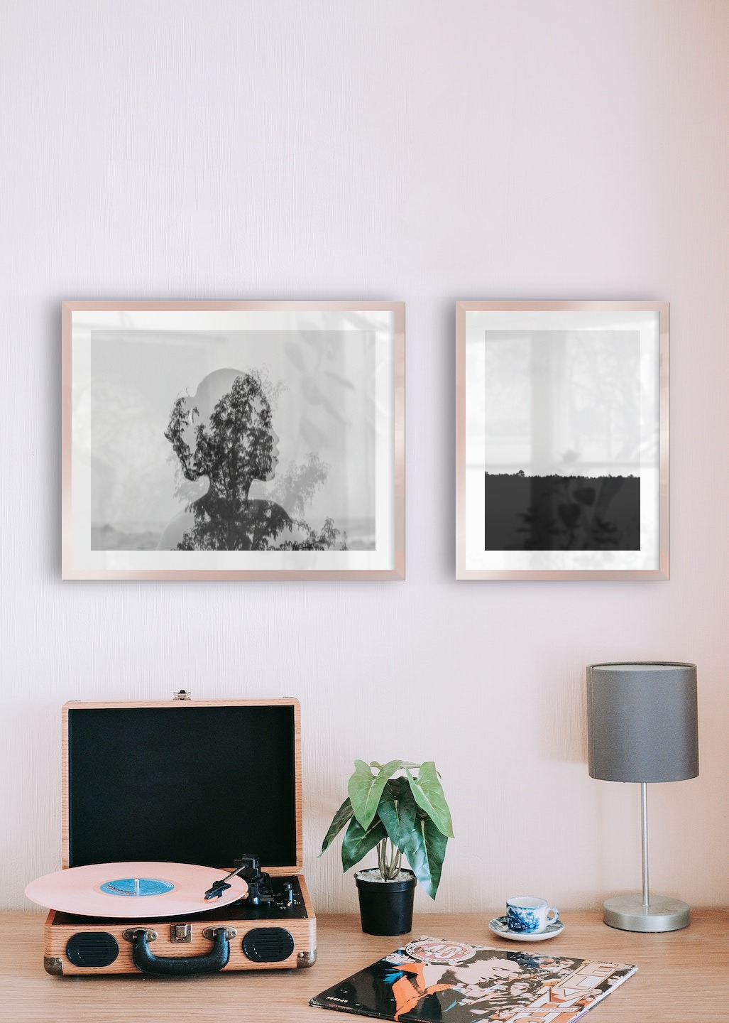 Gallery wall with picture frames in copper in sizes 40x50 and 30x40 with prints "Trees and silhouette" and "Sky above trees"