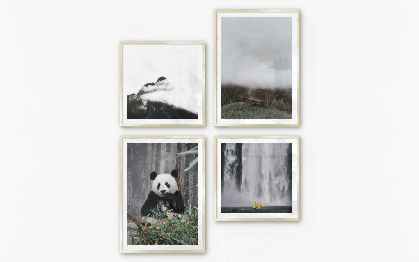 Gallery wall with picture frames in gold in sizes 50x50 and 50x70 with prints "Mountain peaks in fog", "Bench in misty nature", "Panda" and "Waterfall with people"