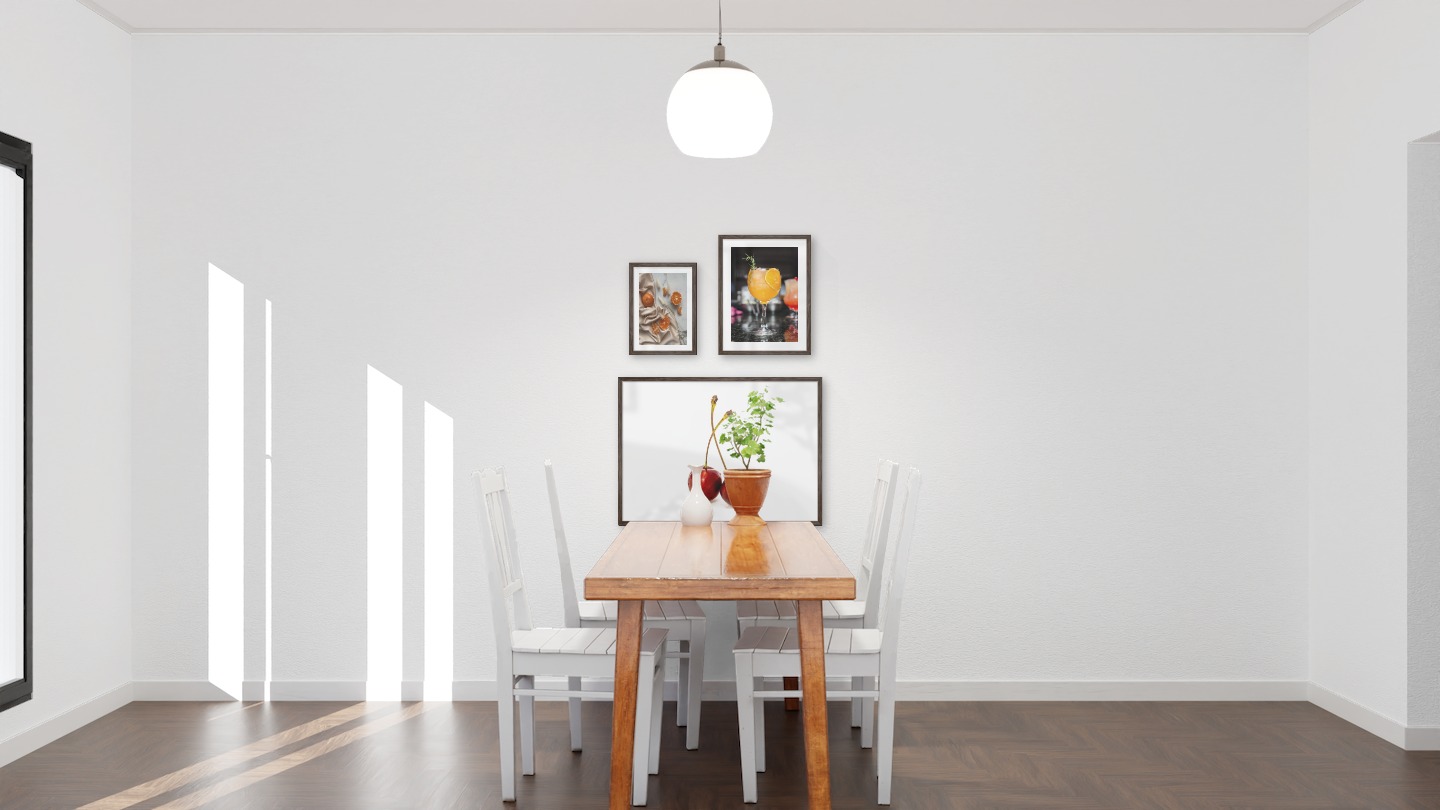 Gallery wall with picture frames in dark wood in sizes 21x30, 30x40 and 50x70 with prints "Oranges", "High orange drink" and "Cherries with white background"