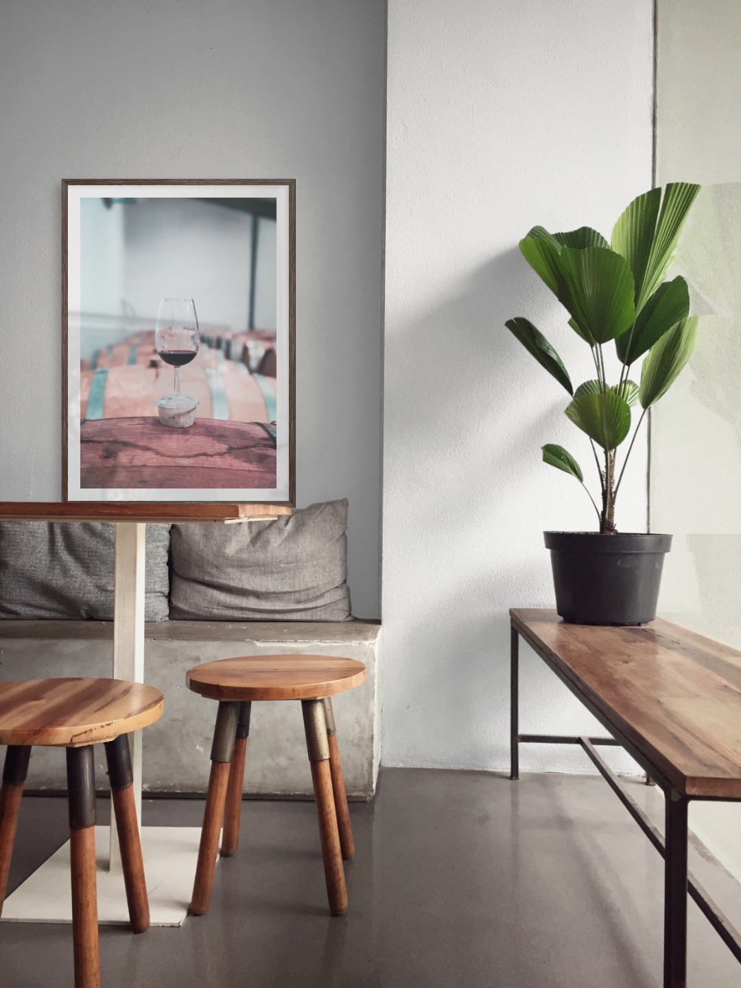 Gallery wall with picture frame in dark wood in size 70x100 with print "Wine glasses in barrels"