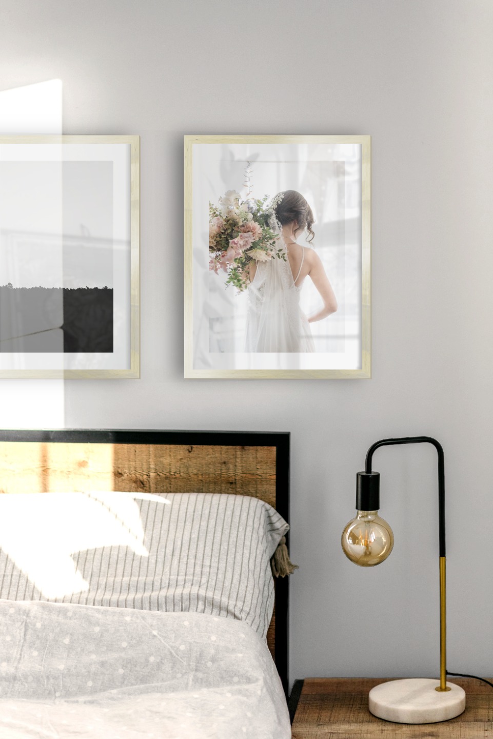 Gallery wall with picture frames in gold in sizes 30x40 with prints "Sky above trees" and "Bride and flowers"