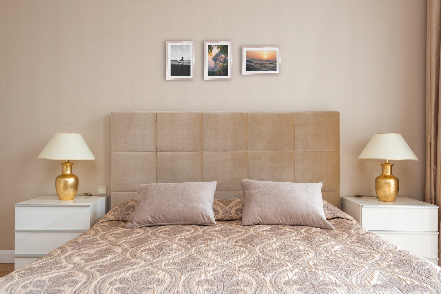 Gallery wall with picture frames in copper in sizes 21x30 with prints "Person in the water", "City by the sea" and "Waves and the sun"