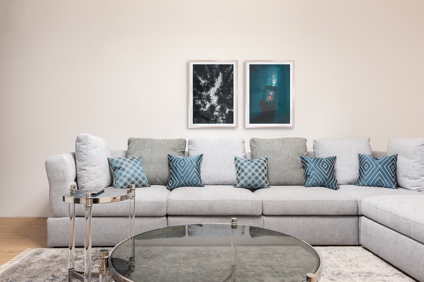 Gallery wall with picture frames in copper in sizes 50x70 with prints "Wooden tops and birds" and "Jar in front of space"