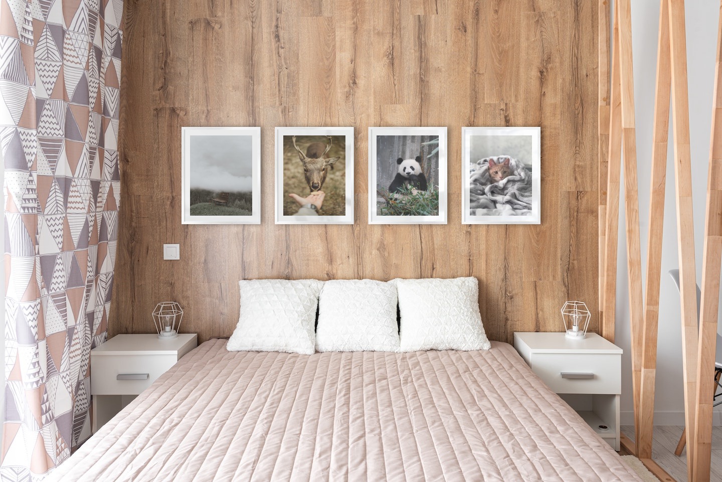 Gallery wall with picture frames in silver in sizes 40x50 with prints "Bench in misty nature", "Feed a deer", "Panda" and "Cat in felt"