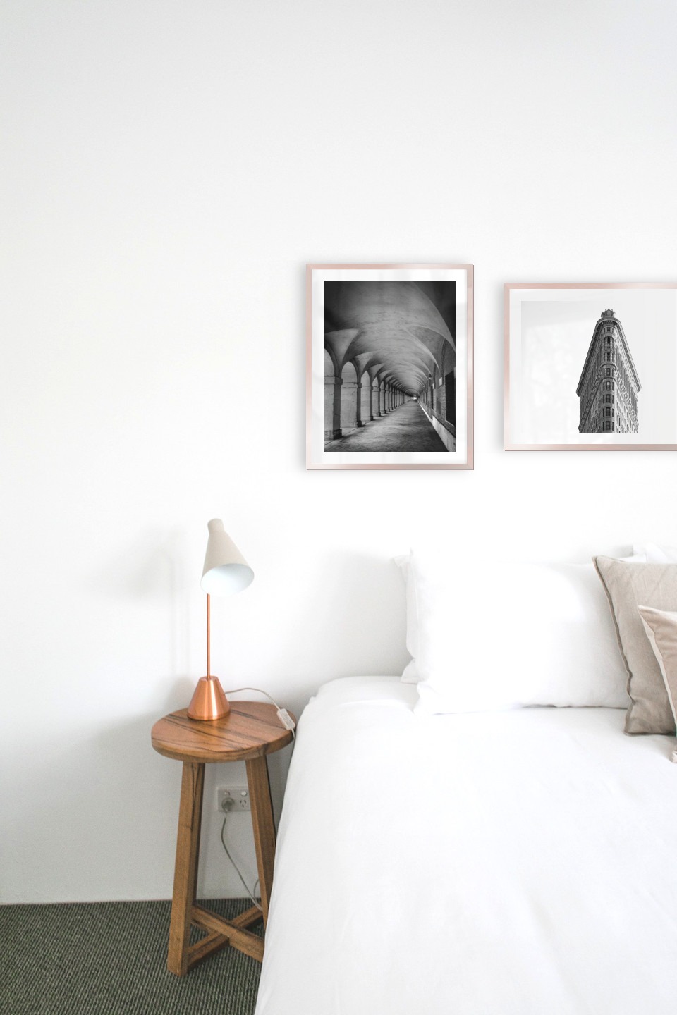Gallery wall with picture frames in copper in sizes 40x50 with prints "Hallway with pillars and arches" and "Triangular building"