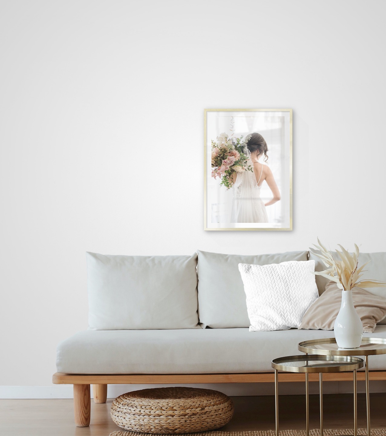 Gallery wall with picture frame in gold in size 50x70 with print "Bride and flowers"