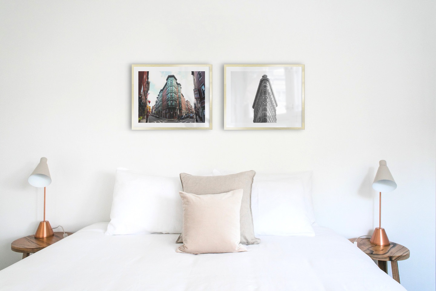 Gallery wall with picture frames in gold in sizes 40x50 with prints "Street corner" and "Triangular building"