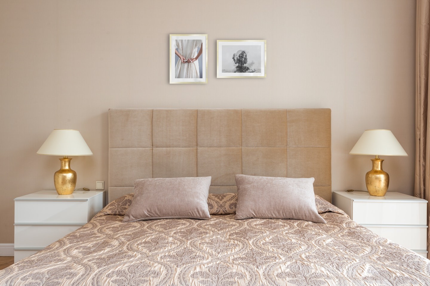 Gallery wall with picture frames in gold in sizes 30x40 with prints "Dress with waistband" and "Trees and silhouette"