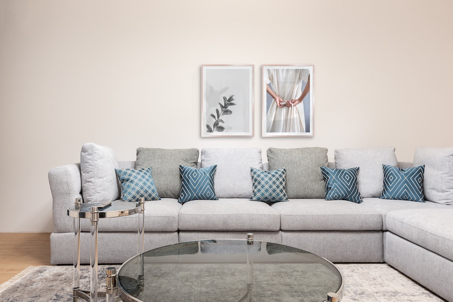 Gallery wall with picture frames in copper in sizes 50x70 with prints "Twig" and "Dress with waistband"